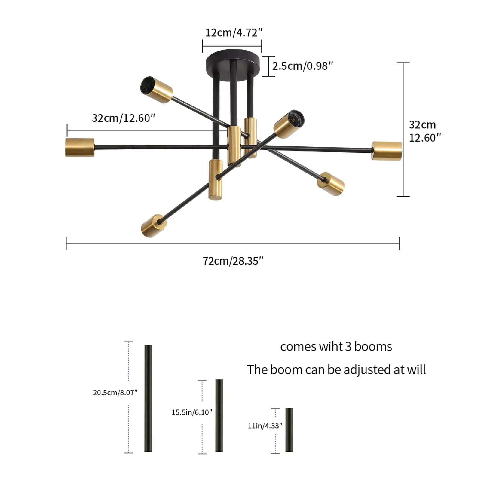 Sputnik Chandelier Mid Century Modern Ceiling Light for Living Room Kitchen Dining Room Bedroom with 6 Lights Black and Gold