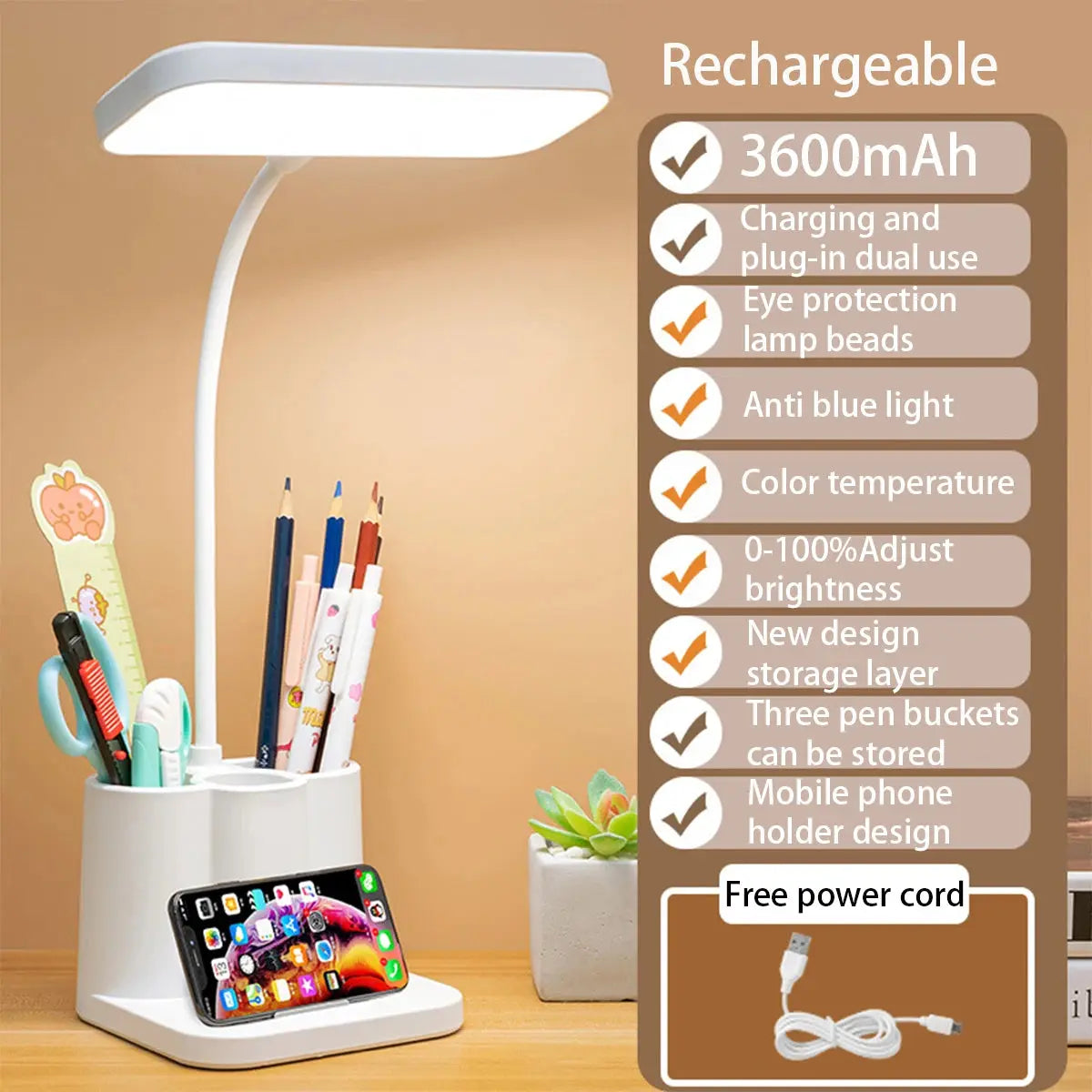 USB Rechargeable Table Lamp Learning Dormitory Bedroom Bedside LED Night Light Eye Protection 3 Levels Dimmable Touch Desk Lamp tableandwalllamps