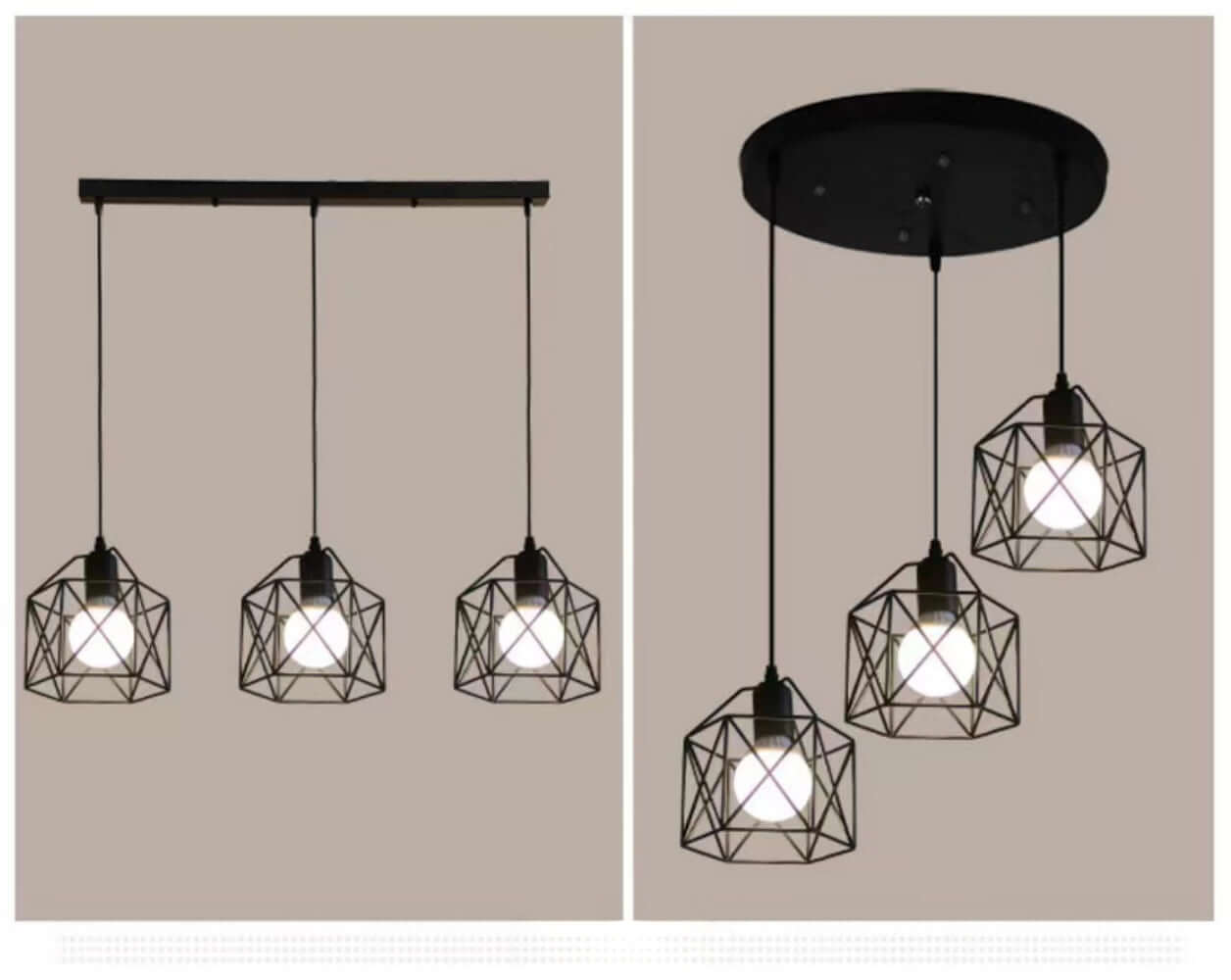 Modern black geometric pendant light fixture with three hanging lamps, ideal for contemporary home decor.