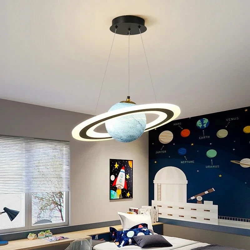 Modern LED Acrylic Planet Pendant Light Children Room Space Star Chandeliers Living  Bedroom Kitchen Indoor Hanging Lighting