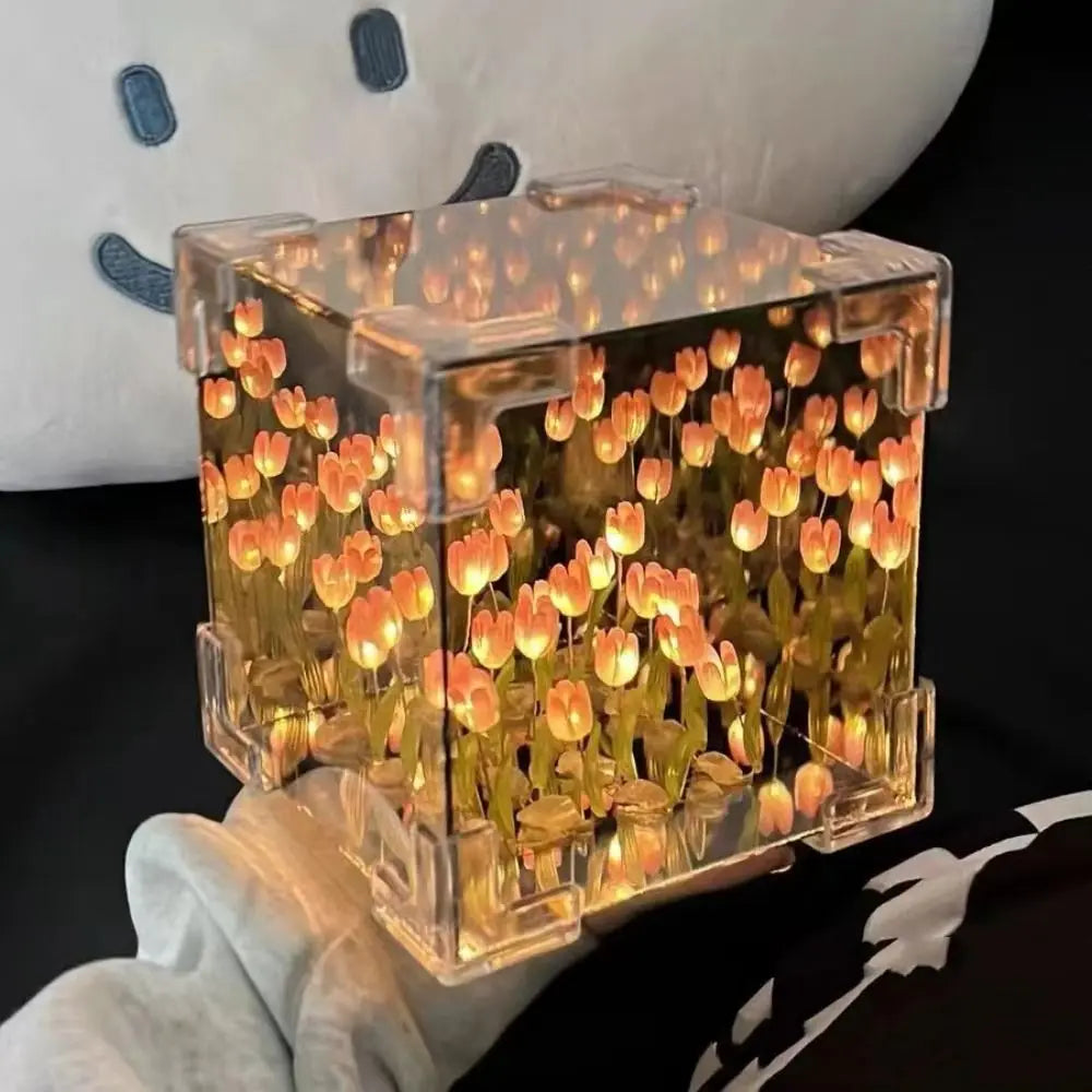 DIY Tulip Mirror Cube Lamp Simulation Flower Bedroom Sleeping Table Lamp Romantic Handmade Craft Night Light Birthday Gift tableandwalllamps