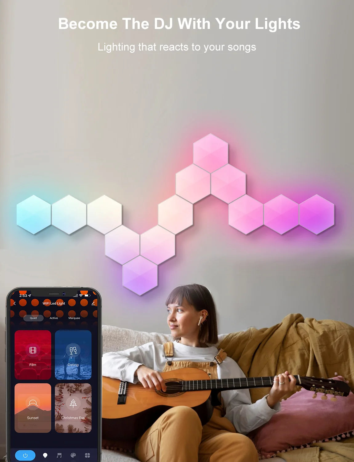 RGB Intelligent Hexagonal Wall Lamp Color-changing Ambient Night Light DYI Shape Music Rhythm APP Control For Game Room Bedroom tableandwalllamps