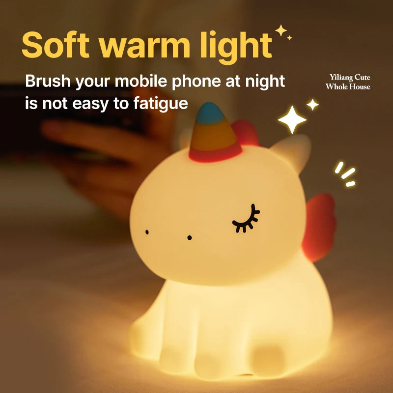 1pc Unicorn Cute Silicone LED Night Light For Boys Girls USB Rechargeable Cartoon Animal Bedroom Decoration Touch Night Lamp tableandwalllamps