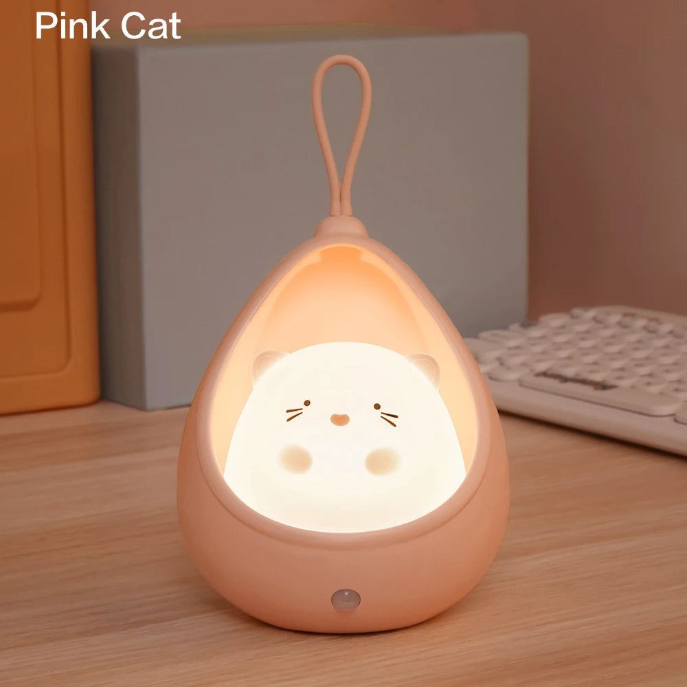 Kids Gift Portable USB Rechargeable Warm White Cute Little Rabbit Cat Motion Sensor LED Wall Night Lamp Light with Hanging Rope tableandwalllamps