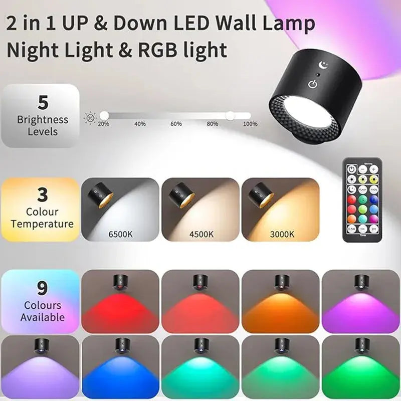 9 Colors 360° Rotation Wall Lamp Mounted Night Lights RGB LED Up Down Remote Rechargeable Wireless Reading Bedroom Lamp tableandwalllamps