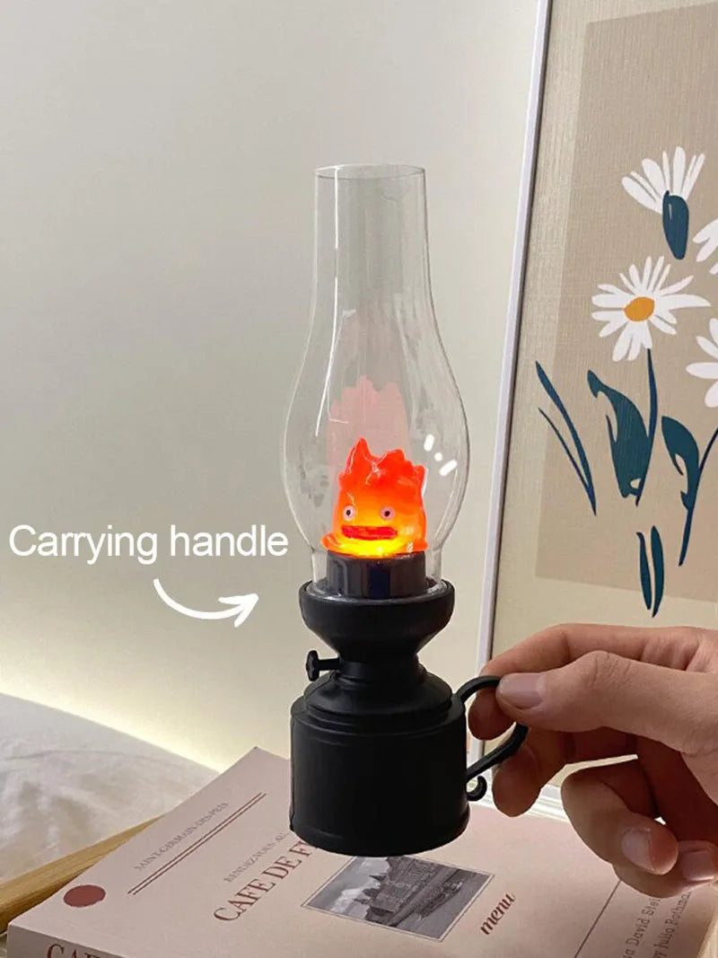 Calcifer Flameless Night Light Halloween Retro Decorative Candle Light Cartoon Anime Kerosene Lamp Bedroom Bedside Table Lamp tableandwalllamps