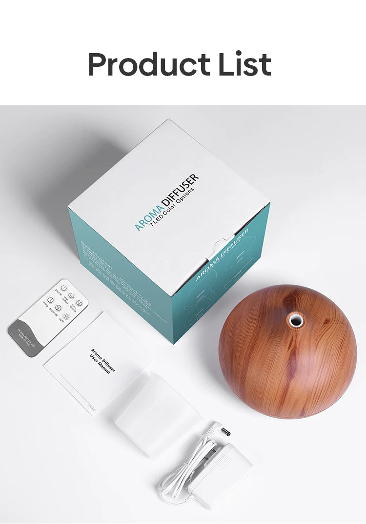 High Quality 500ml Aromatherapy Essential Oil Diffuser Wood Grain Remote Control Ultrasonic Air Humidifier with 7 Colors Light tableandwalllamps