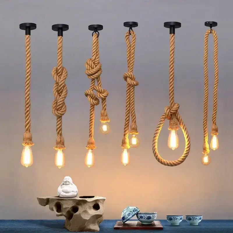 Vintage Hemp Rope Pendant Light Creative Hanging Lamps Indoor Home Decor E27 Edison Bulb Living Dining Room Ceiling Chandelier