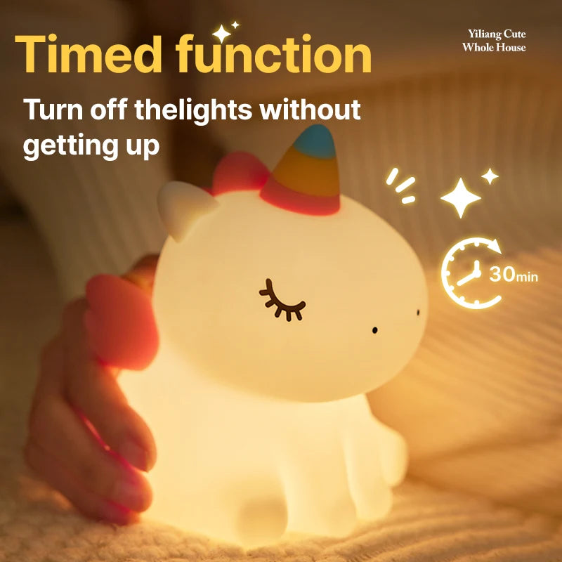 1pc Unicorn Cute Silicone LED Night Light For Boys Girls USB Rechargeable Cartoon Animal Bedroom Decoration Touch Night Lamp tableandwalllamps