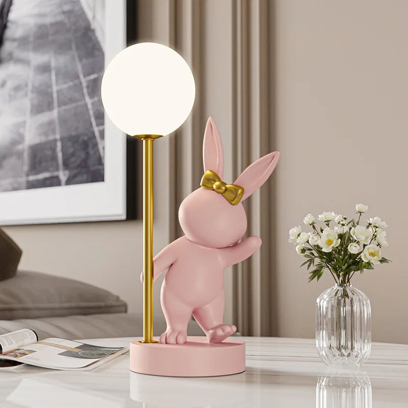 Nordic Pink Rabbit Table Lamp Atmosphere Night Light Luxury Birthday Wedding Gift Nightlights Ins Cute Bunny Bedroom Decoration tableandwalllamps