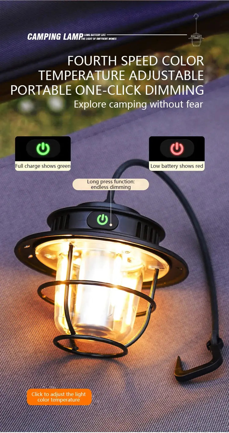 Retro Portable Camping Lantern Waterproof Emergency Light Stepless Dimmable Hanging Tent Lamp for Outdoor Hiking tableandwalllamps