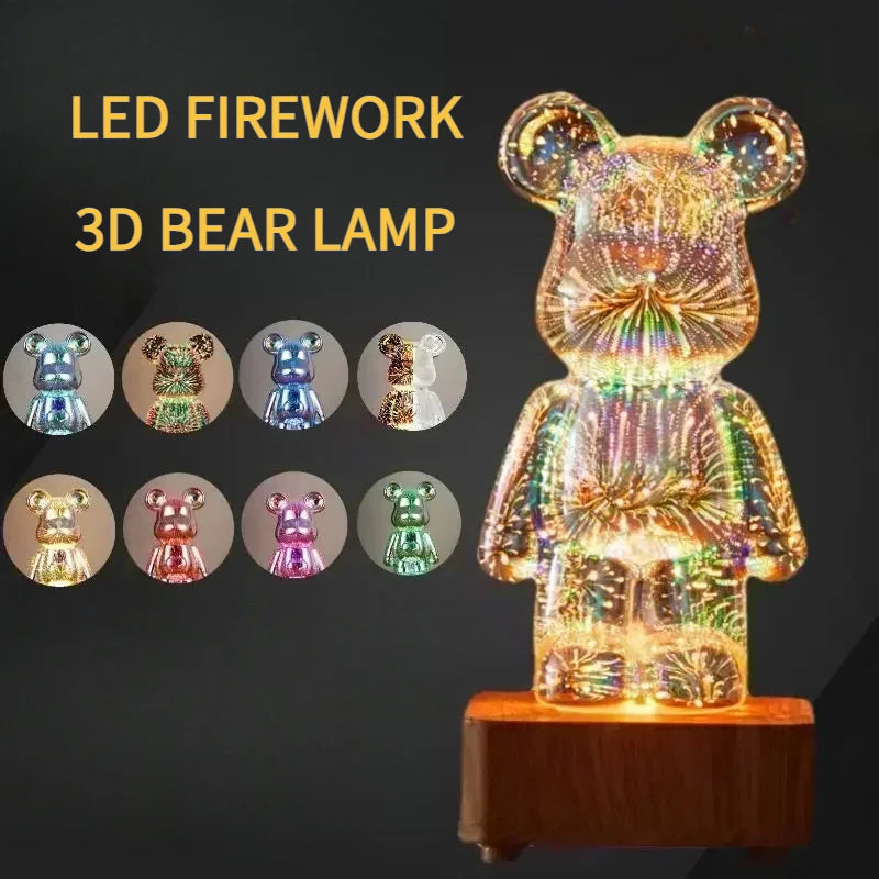 3D Fireworks LED Night Light Bear Ambient Light 8 Color Changing Modes Desk Lamp with USB Bear Decor Room tableandwalllamps