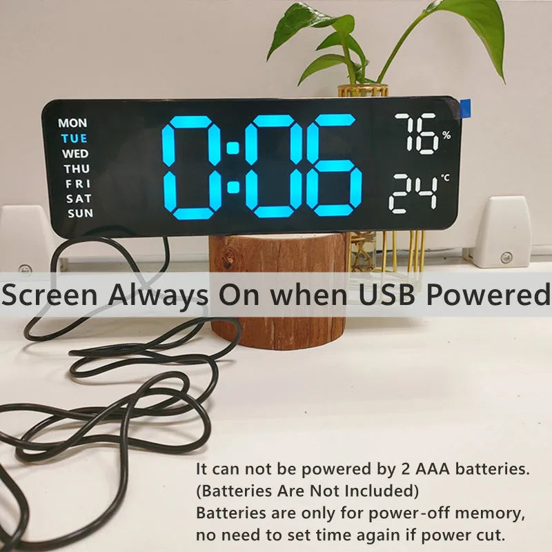 9 Inch Large Digital Wall Clock USB Powered TEMP Humidity Week Auto Dimmer DST Table Clock 12/24H Electronic LED Alarm Clock tableandwalllamps