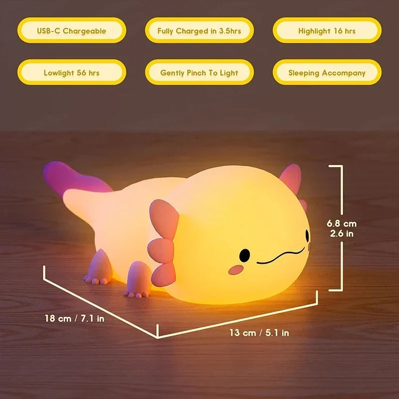 Cute Axolotl Night Light Silicone Nursery Sleeping Lamp Touch Control Nightlights USB Rechargeable Table Lamp for Baby Child tableandwalllamps