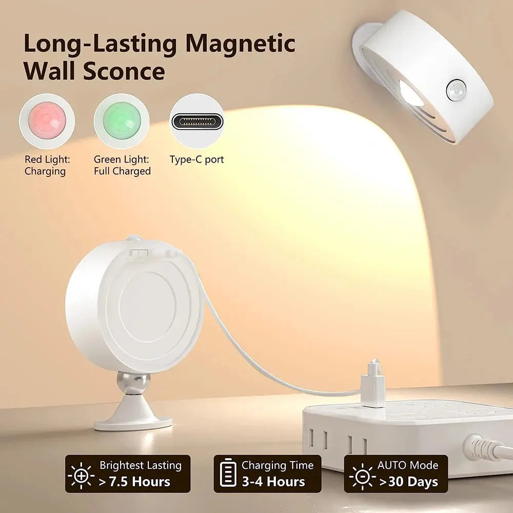 Rechargeable LED Wall Sconces Light Motion Sensor Wall Cordless Lights 360° Rotatable Magnetic Reading Lamp For Indoor Bedroom tableandwalllamps