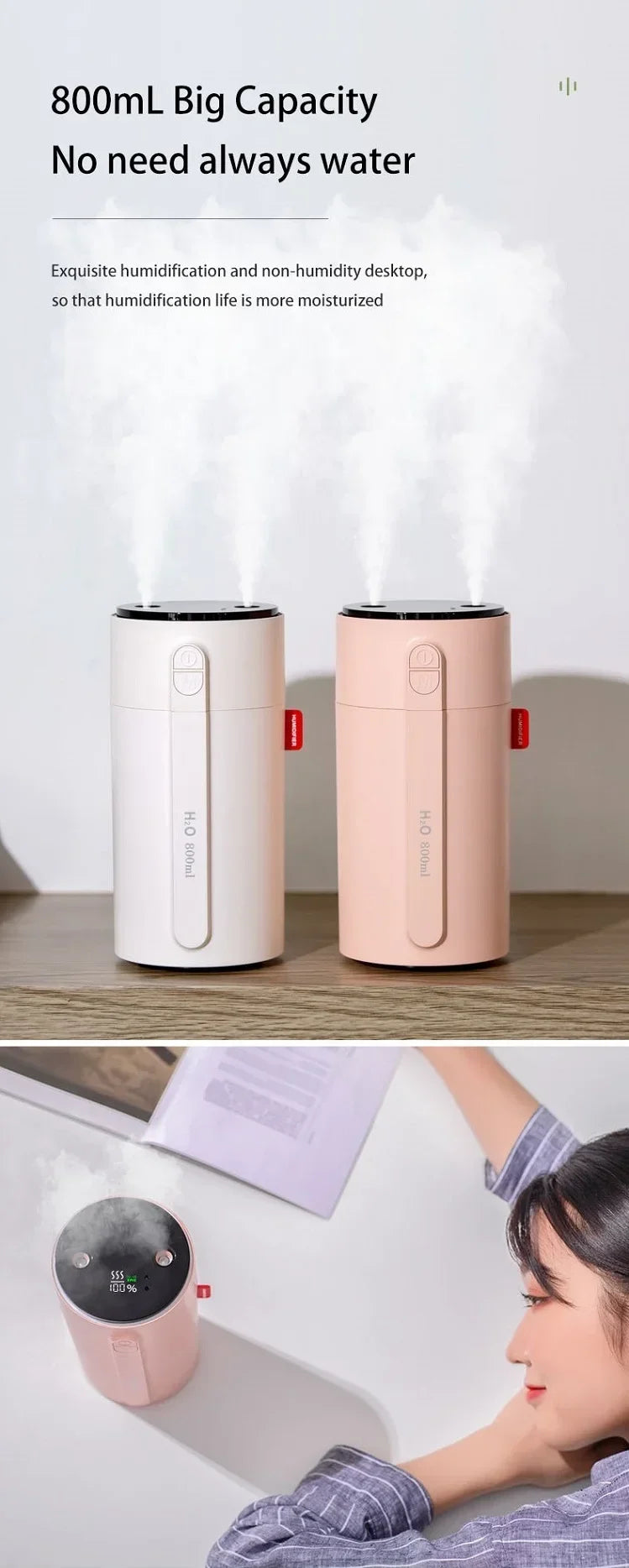 800ML Smart Induction Air Humidifier 2000mAh Battery USB Rechargeable Essential Oil Diffuser Air Humidifier for Home Car tableandwalllamps