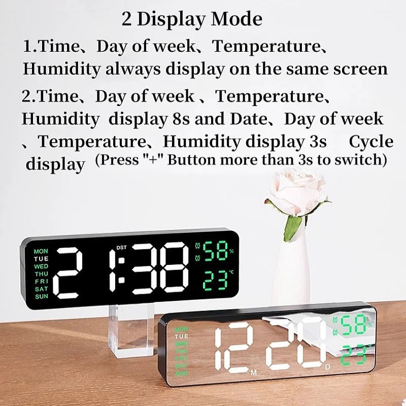 9 Inch Large Digital Wall Clock USB Powered TEMP Humidity Week Auto Dimmer DST Table Clock 12/24H Electronic LED Alarm Clock tableandwalllamps