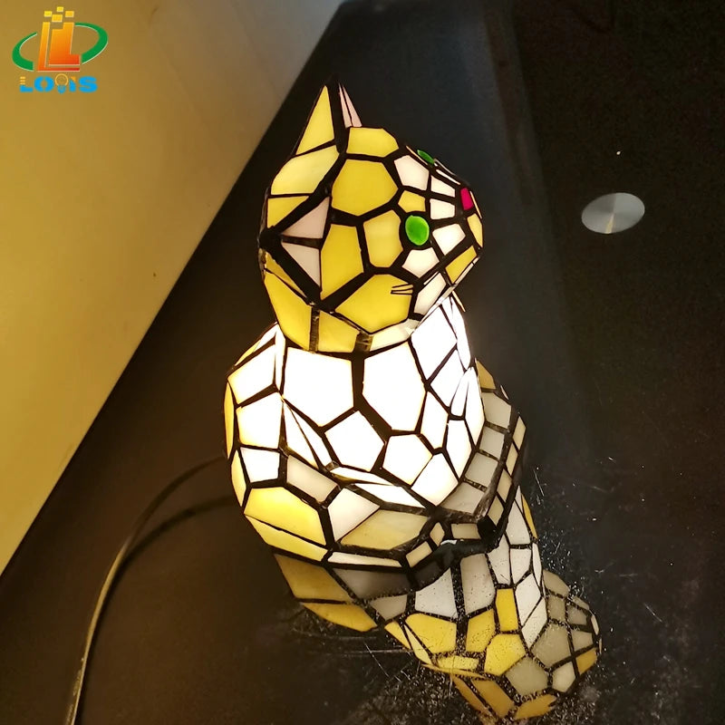 European-style Cat Animal Night Light Tiffany Glass Hand-welded Craft Birthday Gift Bedroom Bedside Decorative Sleep Lamp tableandwalllamps