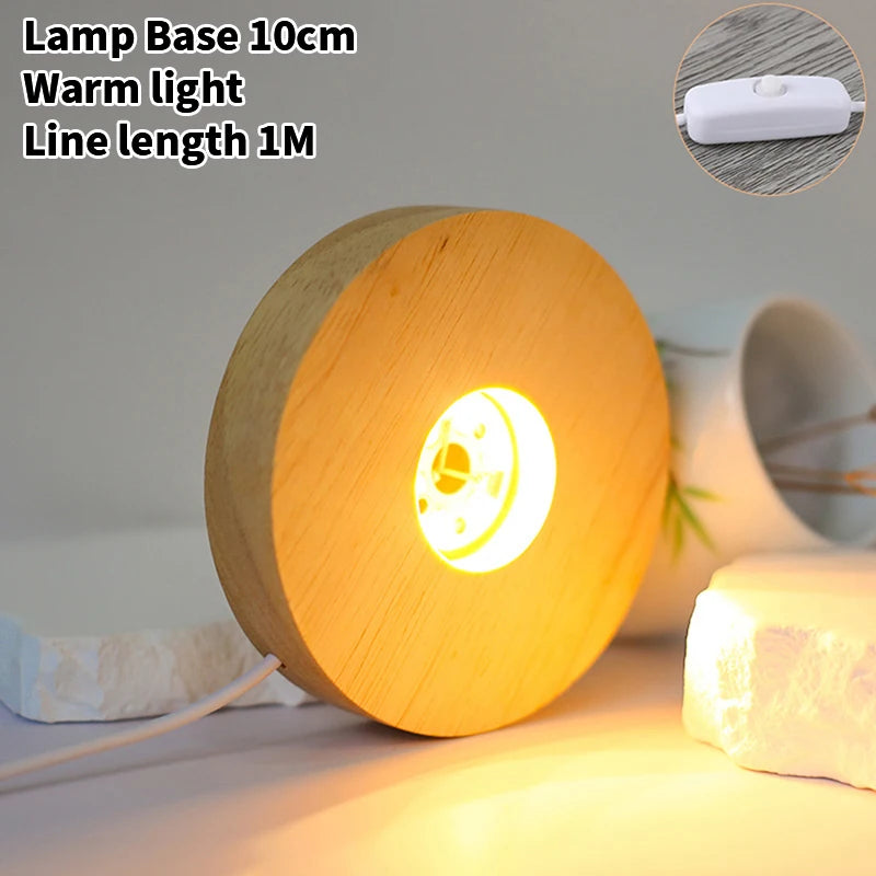 10cm Wood Light Base Rechargeable Wooden LED Light Rotating Display Stand Lamp Holder Lamp Base Art with Power adapter tableandwalllamps