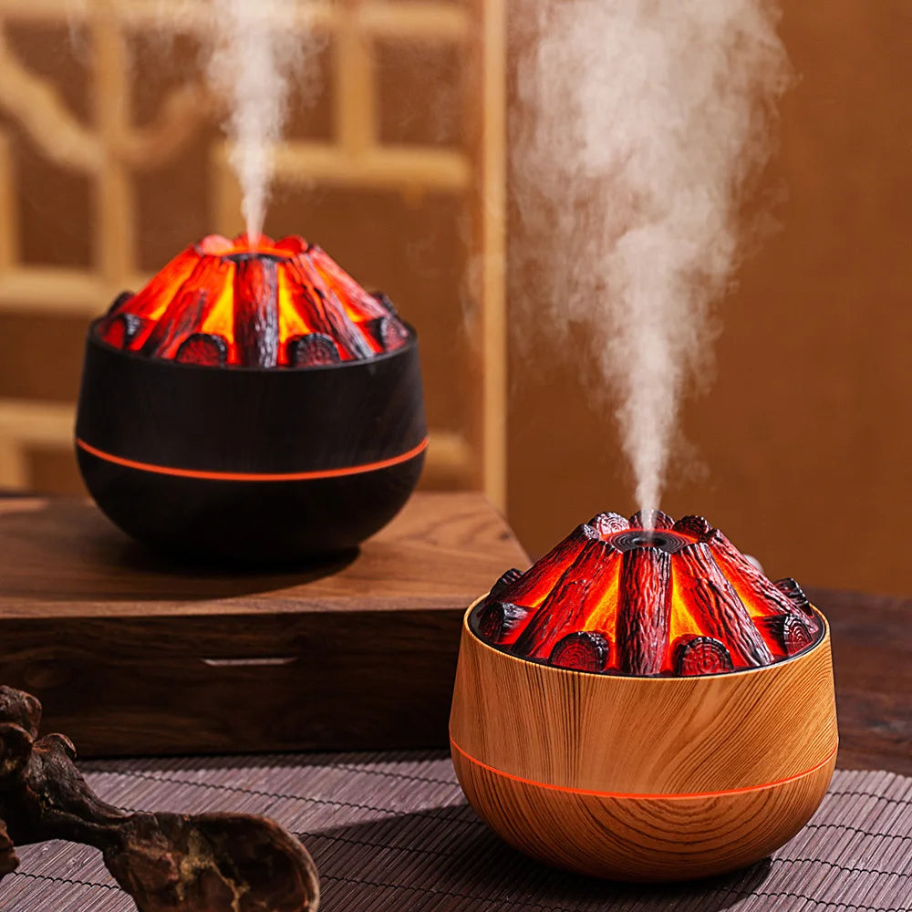 2024 New 300ML Artificial Charcoal Fire Air Humidifier Aroma Diffuser Mist Sprayer Mini Diffuser with Night Light for Home tableandwalllamps