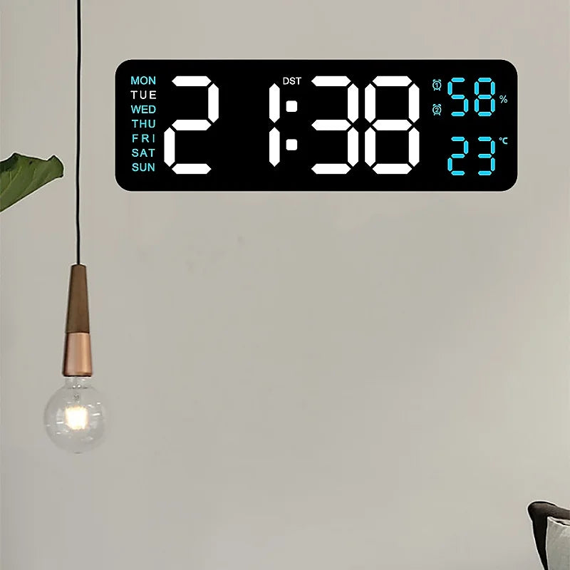 9 Inch Large Digital Wall Clock USB Powered TEMP Humidity Week Auto Dimmer DST Table Clock 12/24H Electronic LED Alarm Clock tableandwalllamps