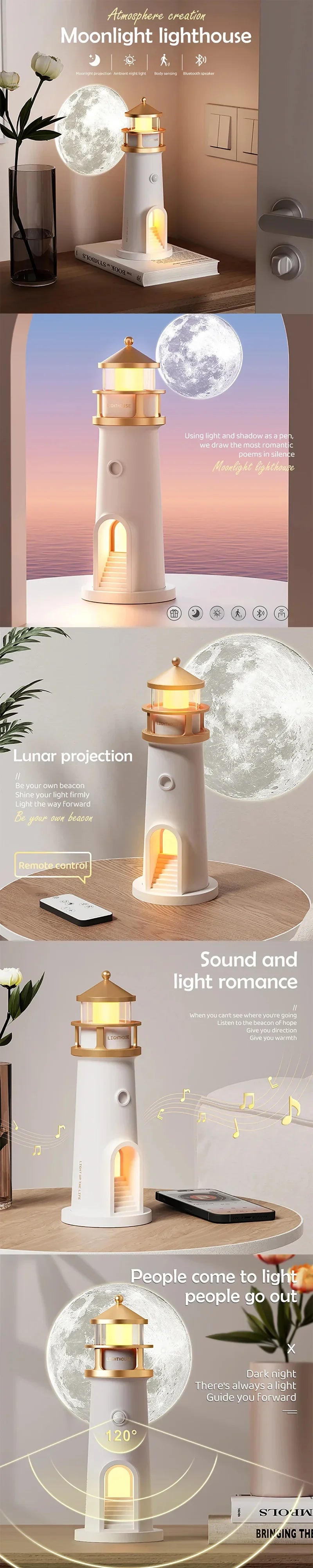 Lighthouse Night Lights Remote Control Moonlight Projection Lamp Magnetic Camping Lamps Bluetooth Music Dimmable Ambient Light tableandwalllamps