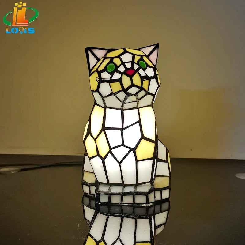 European-style Cat Animal Night Light Tiffany Glass Hand-welded Craft Birthday Gift Bedroom Bedside Decorative Sleep Lamp tableandwalllamps