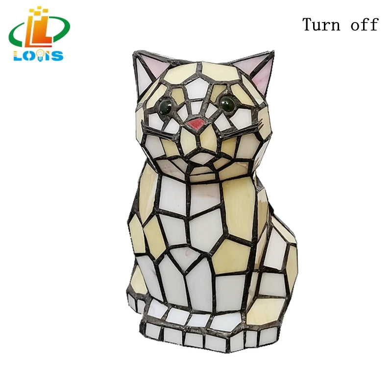 European-style Cat Animal Night Light Tiffany Glass Hand-welded Craft Birthday Gift Bedroom Bedside Decorative Sleep Lamp tableandwalllamps