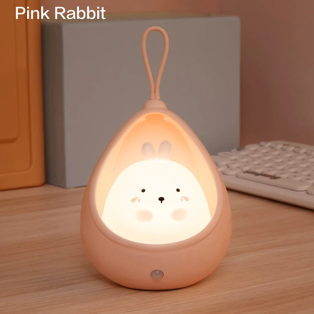 Kids Gift Portable USB Rechargeable Warm White Cute Little Rabbit Cat Motion Sensor LED Wall Night Lamp Light with Hanging Rope tableandwalllamps