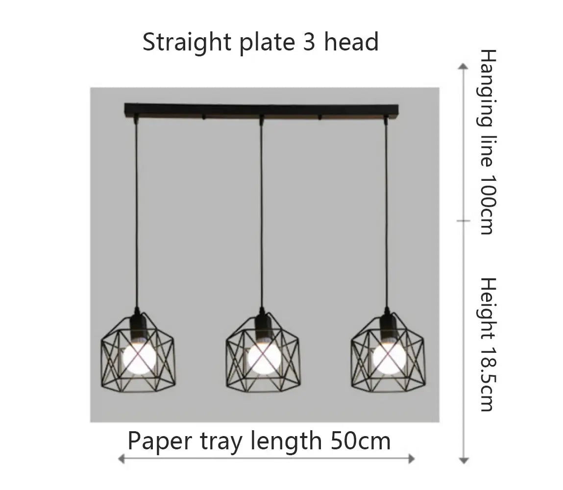 Straight plate 3-head pendant light fixture with geometric shades, hanging dimensions, and specifications displayed.