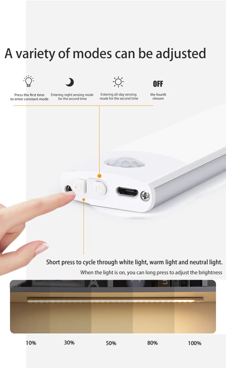 LED Cabinet Light USB Type-C Rechargeable Motion Sensor Led Lamp for Kitchen Wardrobe Cabinet Lighting 20cm/30cm/40cm/50cm/60cm tableandwalllamps