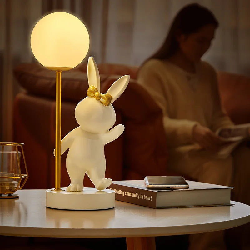 Nordic Pink Rabbit Table Lamp Atmosphere Night Light Luxury Birthday Wedding Gift Nightlights Ins Cute Bunny Bedroom Decoration tableandwalllamps