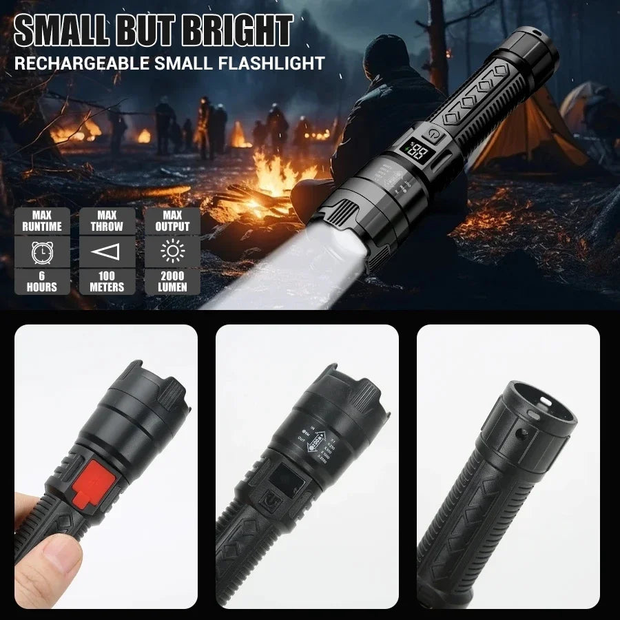 High Power 2000LM LED Flashlight Built-in Battery USB Rechargeable Strong Light Tactical Torch Outdoor Camping Hiking Lantern tableandwalllamps