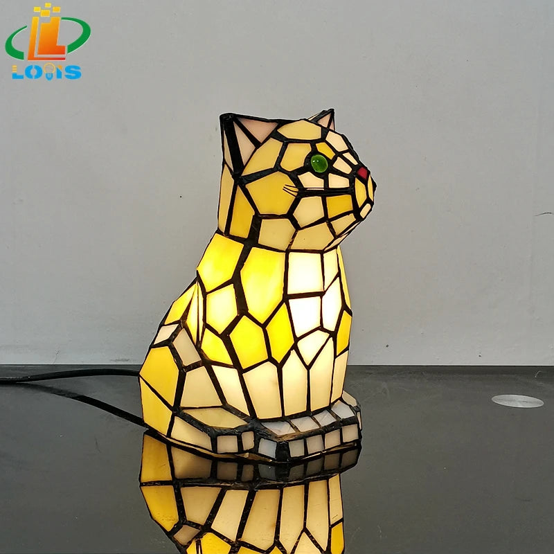 European-style Cat Animal Night Light Tiffany Glass Hand-welded Craft Birthday Gift Bedroom Bedside Decorative Sleep Lamp tableandwalllamps