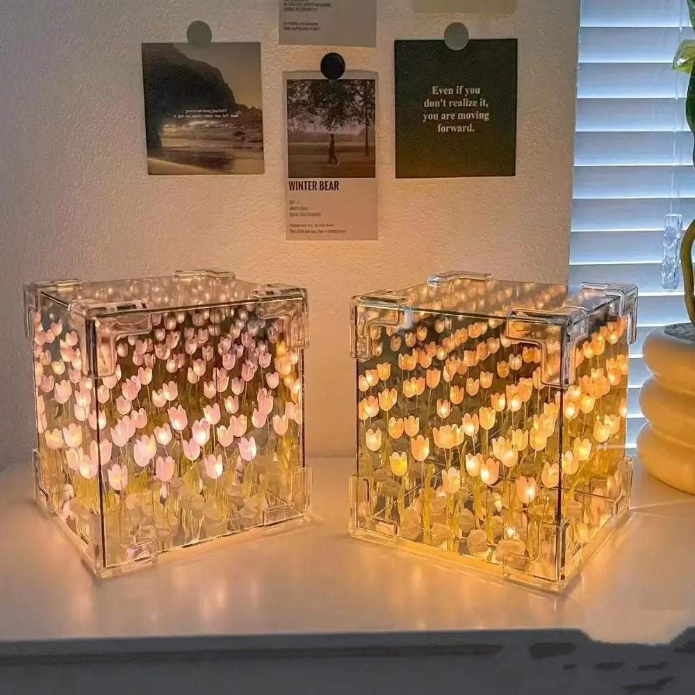 DIY Tulip Mirror Cube Lamp Simulation Flower Bedroom Sleeping Table Lamp Romantic Handmade Craft Night Light Birthday Gift tableandwalllamps