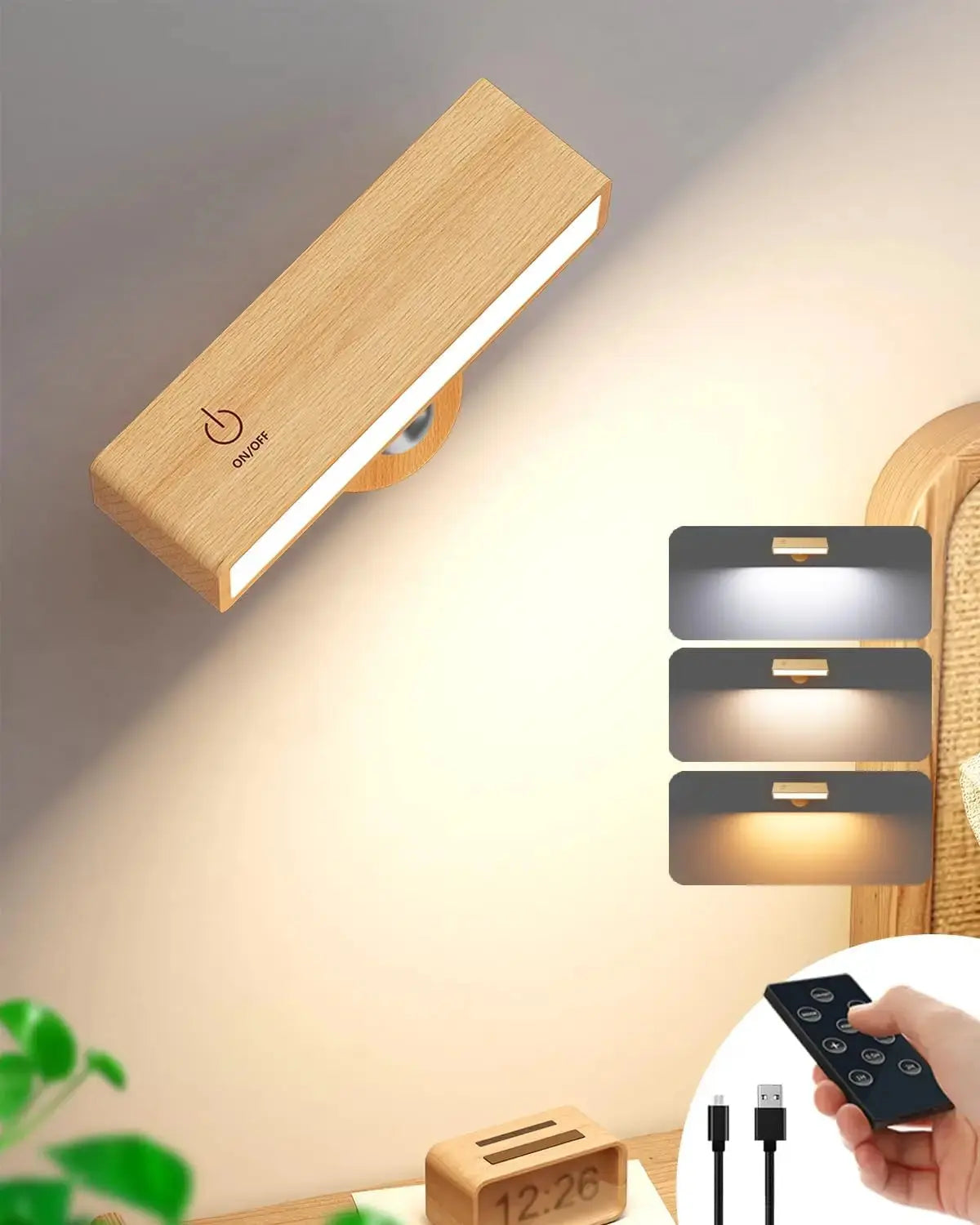 LED Wood Wall Lamp With 3 Colors Remote Control 360 Rotate Magnetic Wall Sconce Touchable For Bedroom Cordless Wall Reading Lamp FASHION VIBES