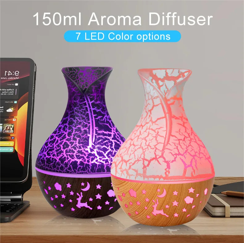 150ml new vase air humidifier, hollow wood grain aromatherapy essential oil diffuser, 7-color LED light tableandwalllamps