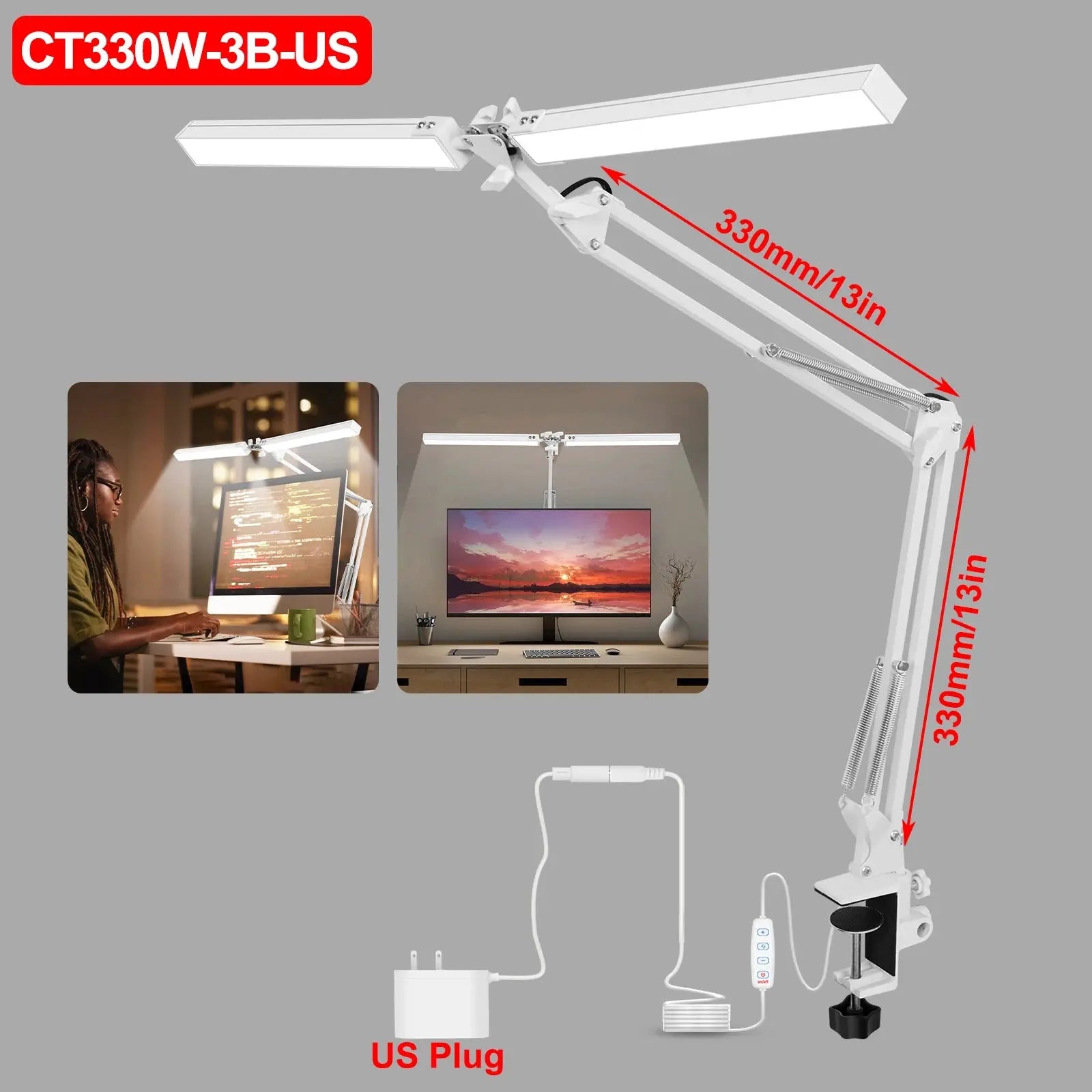 24W LED Desk Lamp for Home Office Dual Swing Arm Eye-Caring Architect Task Lamp Adjustable Foldable Table Lamp 3 Lighting Modes tableandwalllamps