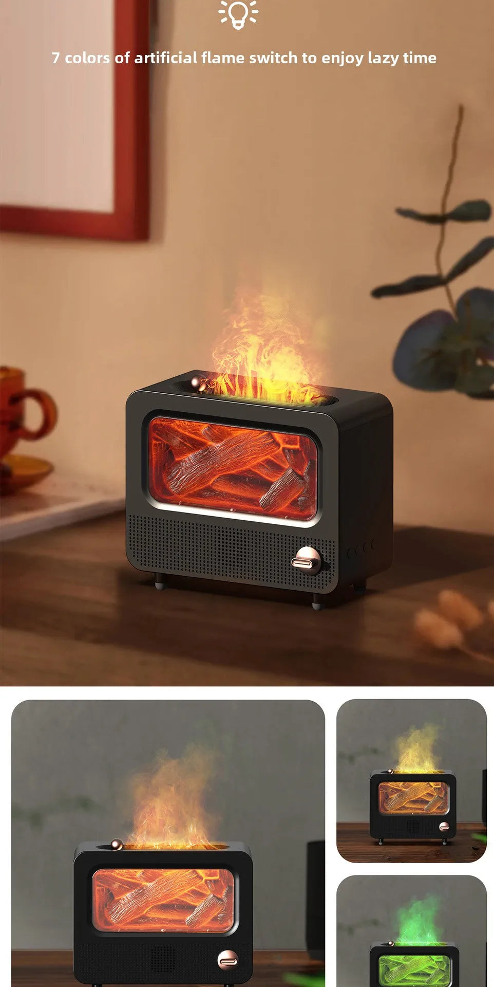 Retro Fireplace Flame Fragrance Diffuser with Colorful Atmosphere Lamp Desktop Aroma Humidifier Essential Oil Diffuser For Home tableandwalllamps