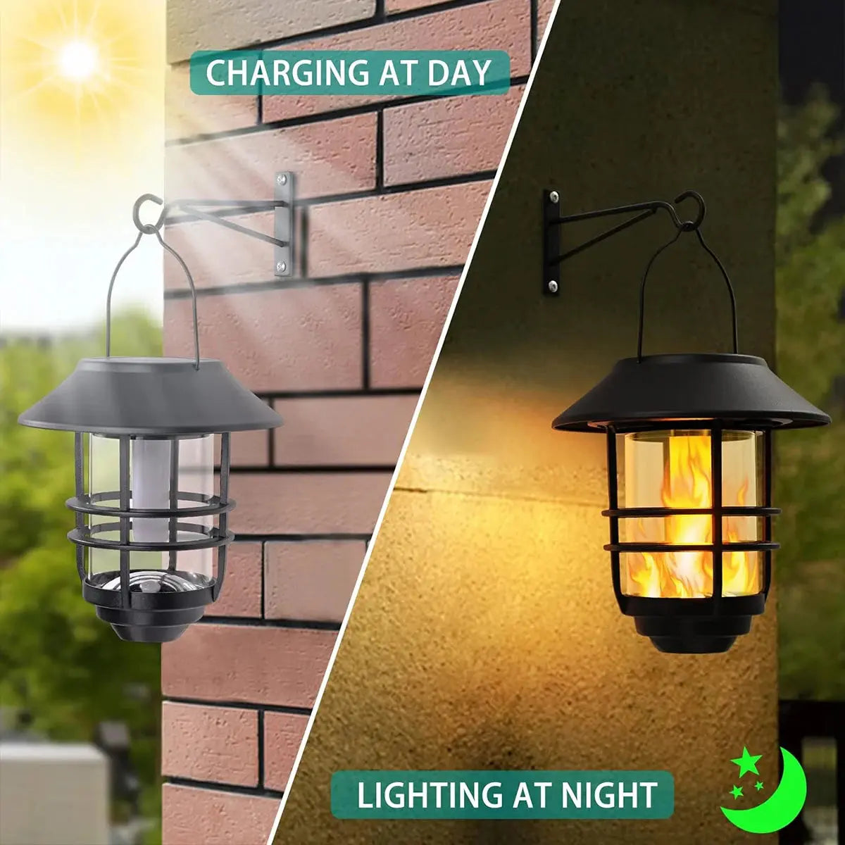 Solar Lantern Outdoor Hanging Wireless Waterproof Flickering Flames Lantern Lights with Wall Mount Kit for Garden Porch Fence tableandwalllamps