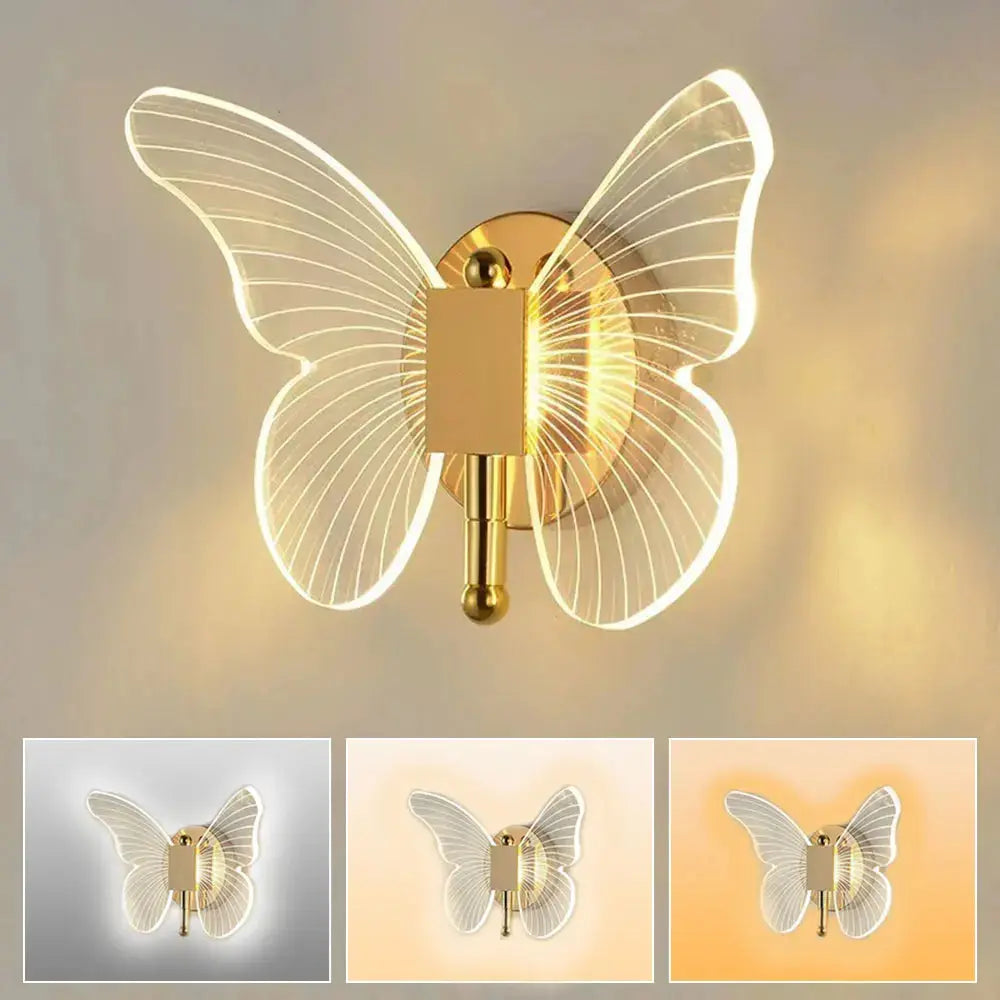 Butterfly LED Wall Lamp Interior Modern Metal Acrylic 110V-220V Wired Wall Lamp Tricolor Adjustment Bedside Wall Light Sconces tableandwalllamps