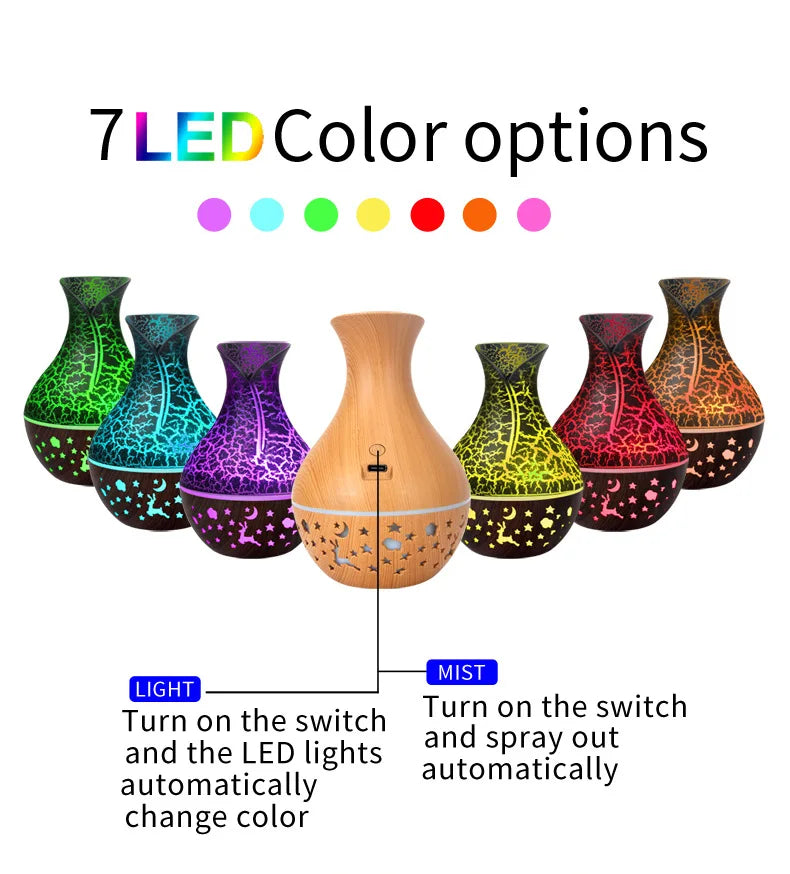 150ml new vase air humidifier, hollow wood grain aromatherapy essential oil diffuser, 7-color LED light tableandwalllamps