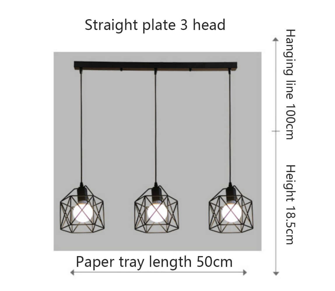 Modern three-head pendant light fixture with geometric shades, ideal for dining or living areas, showcasing dimensions and design.