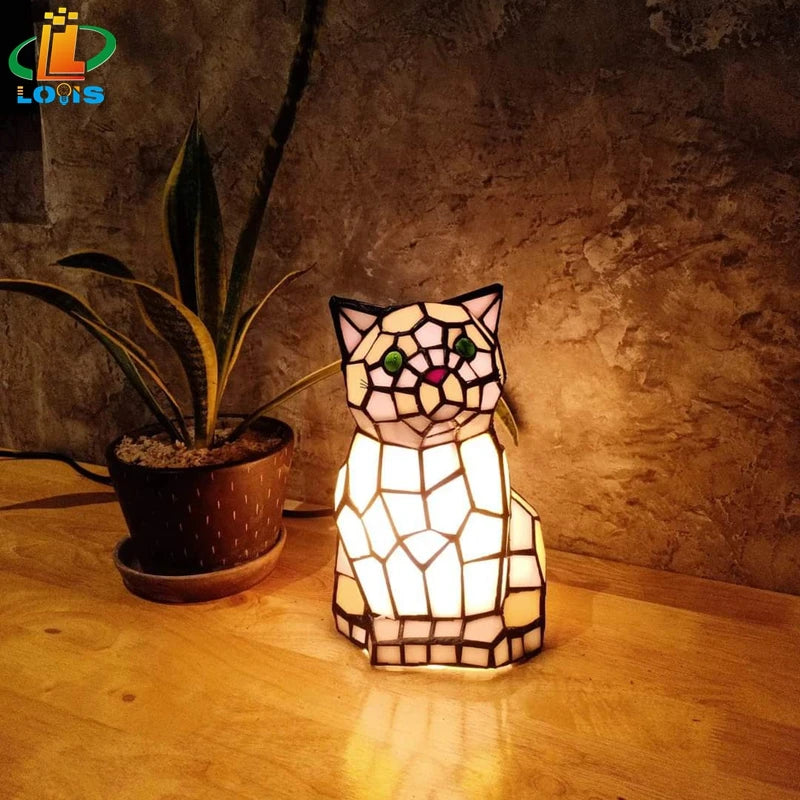 European-style Cat Animal Night Light Tiffany Glass Hand-welded Craft Birthday Gift Bedroom Bedside Decorative Sleep Lamp tableandwalllamps