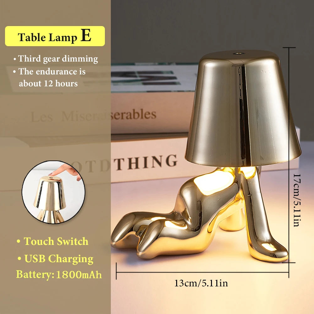 Little Retro ThinkeGolden Man Night Light Bedroom charging Resin Led Touch Control Table Lamp Coffee Bar Decor Cartoon Desk Lamp tableandwalllamps