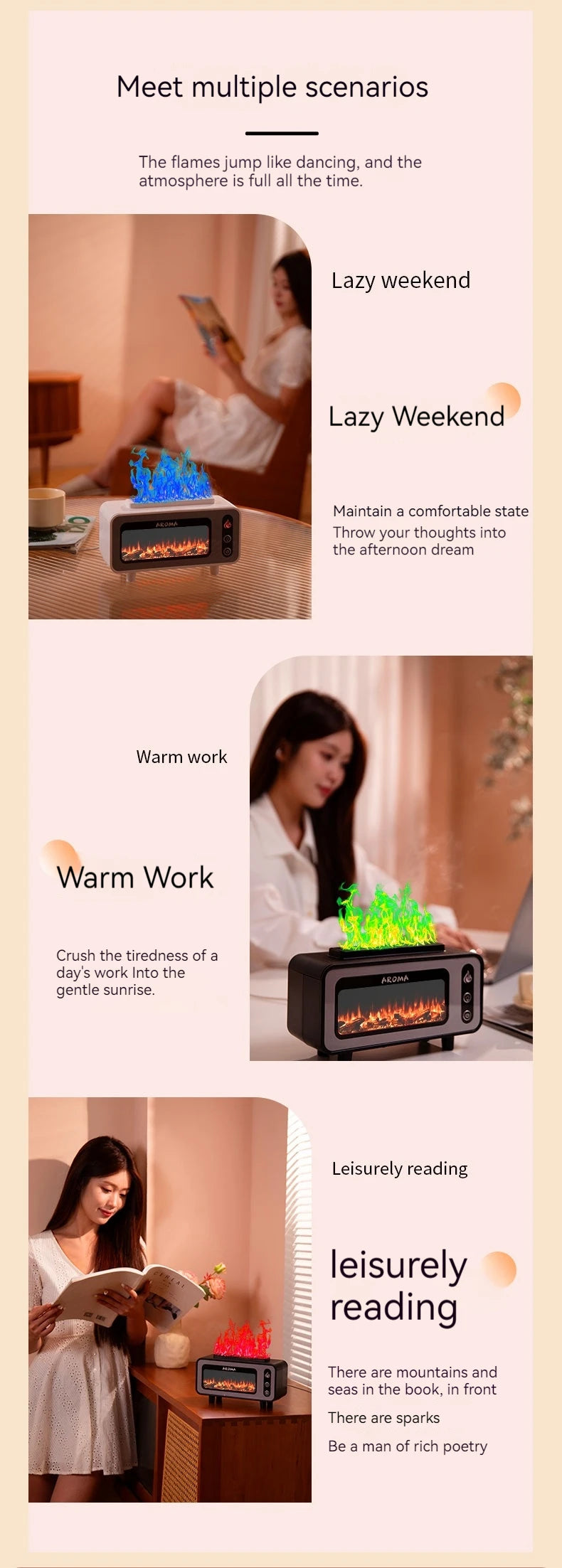 Colourful Flame Home USB Aromatherapy Diffuser Large Capacity Water Tank Fireplace Essential oils Air Humidifier Christmas Gifts tableandwalllamps