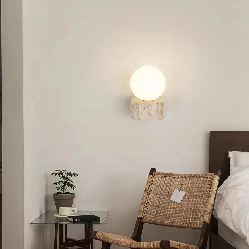 Vintage Natural Stone Art Decoration Wall Lamp Interior Glass Lampshade LED Lamp Bedroom Home Decor Travertine Sconce Wall Light tableandwalllamps