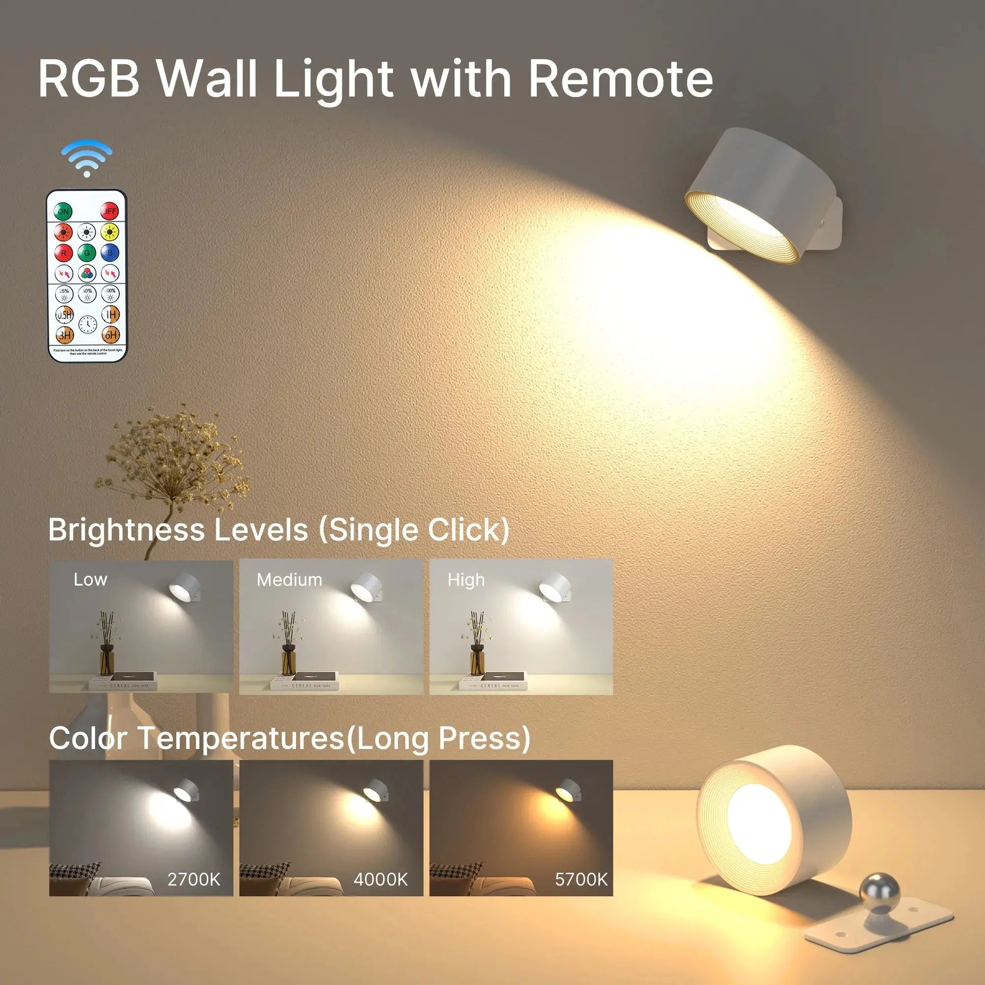 LED Wall Sconce 19 RGB Colors Dimmable, Rechargeable Wall Sconces Battery Operated Picture Light, Touch & Remote Control, 360° R tableandwalllamps