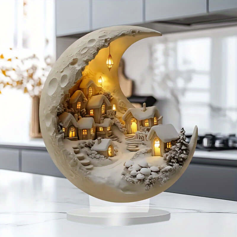 1pc Art Deco Acrylic Crescent Moon Scene with Moonlit Village - Unique Bohemian Style Snow Scenery Tabletop Decor, Light Gray Texture, Versatile for Home, Office, Coffee Shop - English Text, Collectible Decoration tableandwalllamps