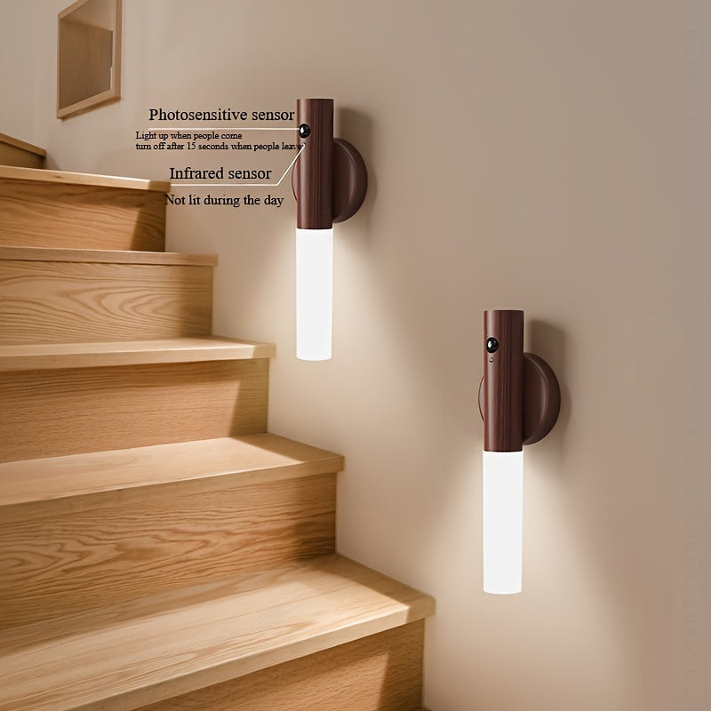 2pcs LED Wooden Sensor Night Light With Motion Sensor Wall Sconce, USB Rechargeable Dimmable 3 Color Temperature, Magnetic Mount For Bedroom Bedside, Closet, Cabinet, Staircase tableandwalllamps